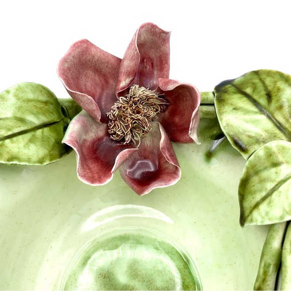 Vintage Majolica Pottery Bowl 8” Green Leaves Pink Capodimonte Raised Flower - Picture 8 of 16